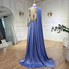 Vestidos de noche de lujo, corte A, elegantes, con mangas tipo capa, bordados en satén azul árabe, colección 2025, para mujer, estilo fiesta, LA72177 