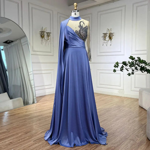Arabic Blue A Line Elegant Cape Sleeves Beaded Satin Luxury Evening Dresses Gowns 2025 For Women Party LA72177