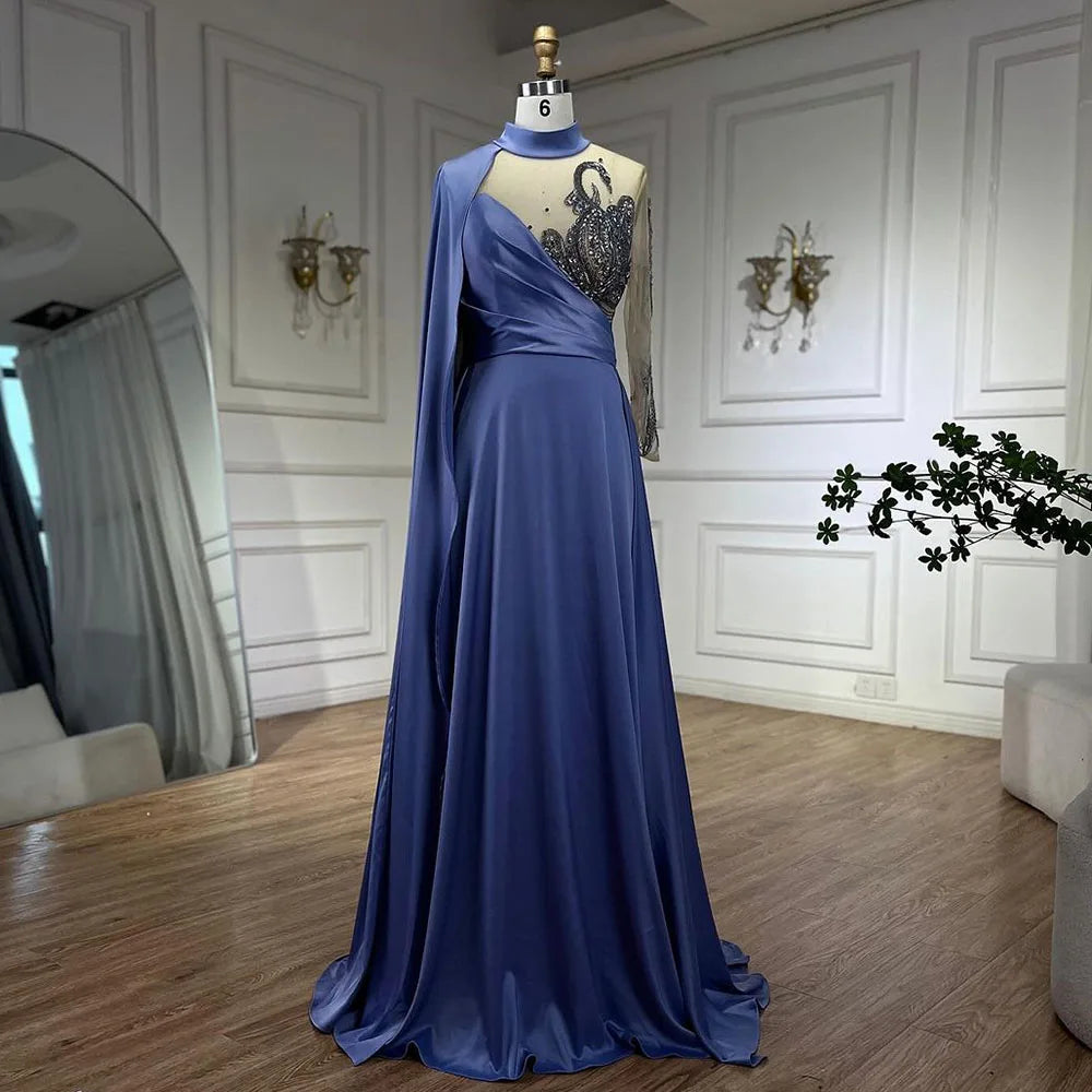 Vestidos de noche de lujo, corte A, elegantes, con mangas tipo capa, bordados en satén azul árabe, colección 2025, para mujer, estilo fiesta, LA72177 