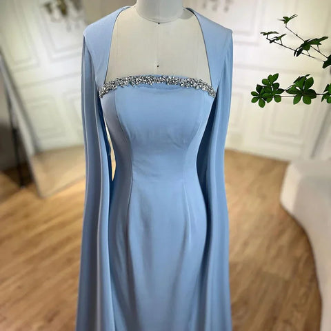 Robe de soirée sirène bleue élégante à manches cape LA72200