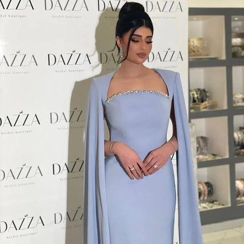 Robe de soirée sirène bleue élégante à manches cape LA72200