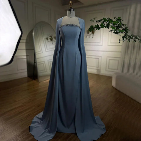 Robe de soirée sirène bleue élégante à manches cape LA72200