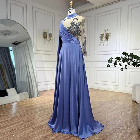 Arabic Blue A Line Elegant Cape Sleeves Beaded Satin Luxury Evening Dresses Gowns 2025 For Women Party LA72177