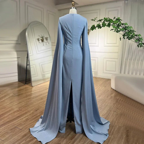 Robe de soirée sirène bleue élégante à manches cape LA72200