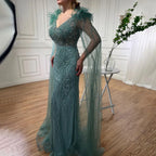 Vestidos de noche elegantes de sirena azul árabe con mangas de capa, plumas y cuentas de lujo para mujer, estilo fiesta, colección 2025, LA71780 