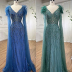 Vestidos de noche elegantes de sirena azul árabe con mangas de capa, plumas y cuentas de lujo para mujer, estilo fiesta, colección 2025, LA71780 