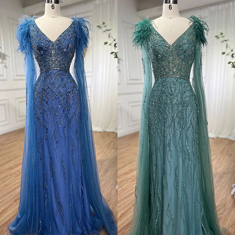 Vestidos de noche elegantes de sirena azul árabe con mangas de capa, plumas y cuentas de lujo para mujer, estilo fiesta, colección 2025, LA71780 