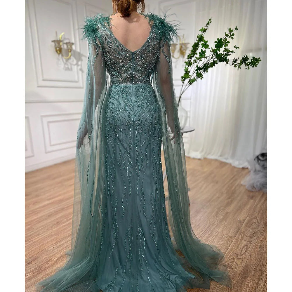 Vestidos de noche elegantes de sirena azul árabe con mangas de capa, plumas y cuentas de lujo para mujer, estilo fiesta, colección 2025, LA71780 