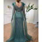 Vestidos de noche elegantes de sirena azul árabe con mangas de capa, plumas y cuentas de lujo para mujer, estilo fiesta, colección 2025, LA71780 