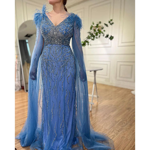 Arabic Blue Mermaid Elegant Cape Sleeves Feather Luxury Beaded Evening Dresses Gowns 2025 For Woman Party LA71780