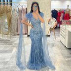 Vestidos de noche elegantes de sirena azul árabe con mangas de capa, plumas y cuentas de lujo para mujer, estilo fiesta, colección 2025, LA71780 