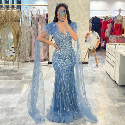 Arabic Blue Mermaid Elegant Cape Sleeves Feather Luxury Beaded Evening Dresses Gowns 2025 For Woman Party LA71780