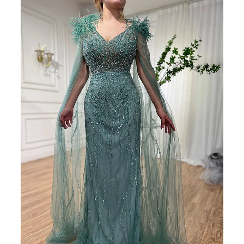 Arabic Blue Mermaid Elegant Cape Sleeves Feather Luxury Beaded Evening Dresses Gowns 2025 For Woman Party LA71780