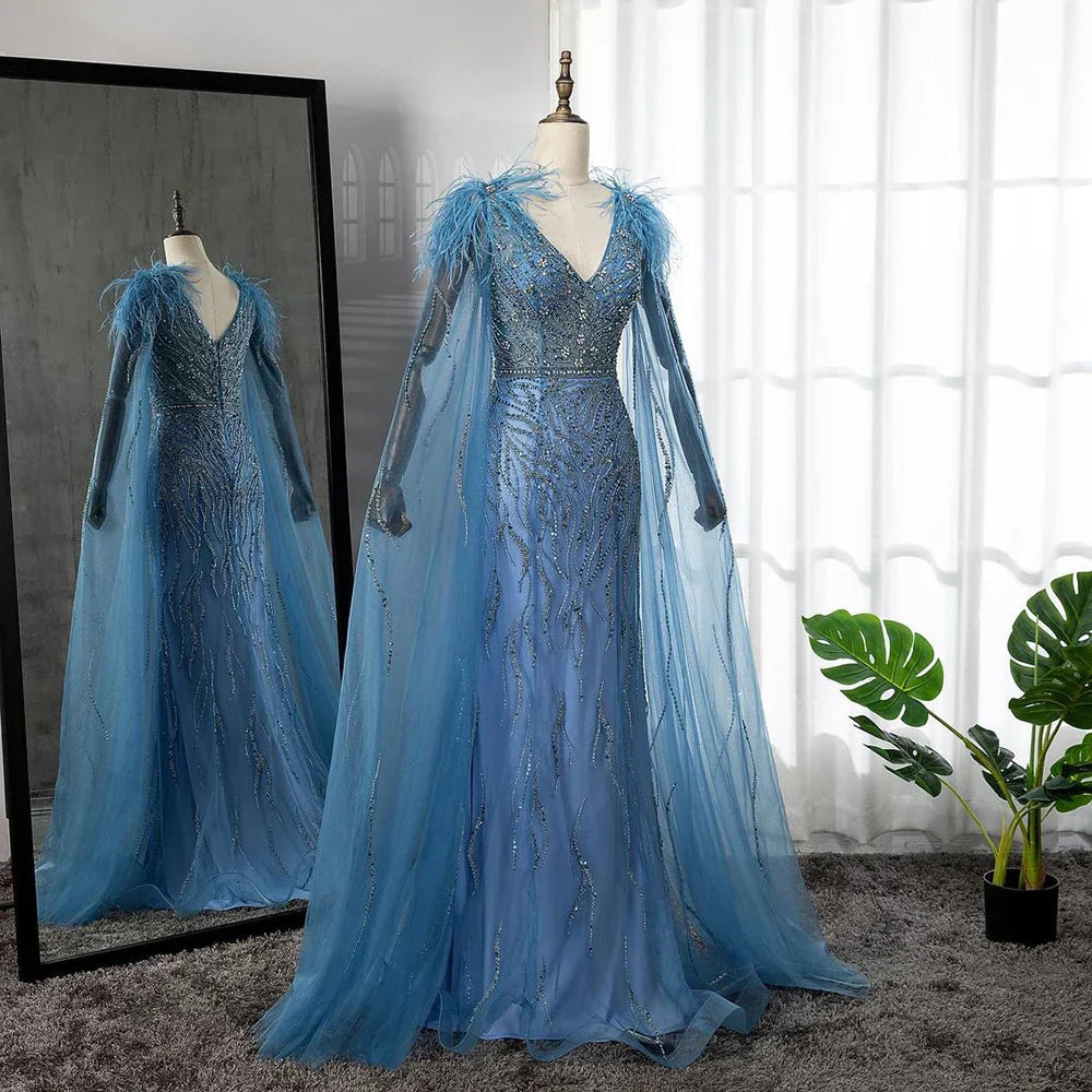 Vestidos de noche elegantes de sirena azul árabe con mangas de capa, plumas y cuentas de lujo para mujer, estilo fiesta, colección 2025, LA71780 