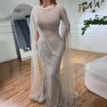 Vestido de noche elegante de sirena azul árabe con mangas tipo capa, abertura y cuentas, ideal para bodas y fiestas (2025) LA72084 