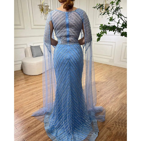 Arabic Blue Mermaid Elegant Cape Sleeves Split Beaded Evening Dresses Gowns For Women Wedding Party 2025 LA72084