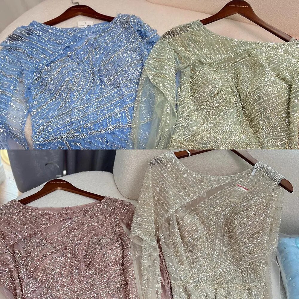 Vestido de noche elegante de sirena azul árabe con mangas tipo capa, abertura y cuentas, ideal para bodas y fiestas (2025) LA72084 