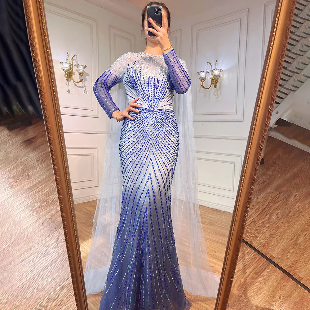 Vestidos de noche largos de sirena elegantes de estilo árabe azul 2025 con cuentas de lujo para mujer, ideales para fiestas LA71846 