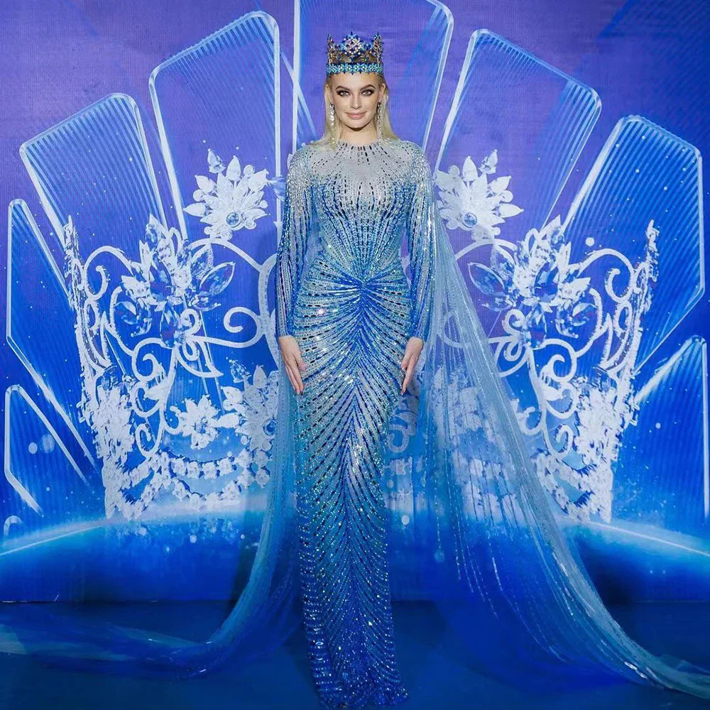 Vestidos de noche largos de sirena elegantes de estilo árabe azul 2025 con cuentas de lujo para mujer, ideales para fiestas LA71846 