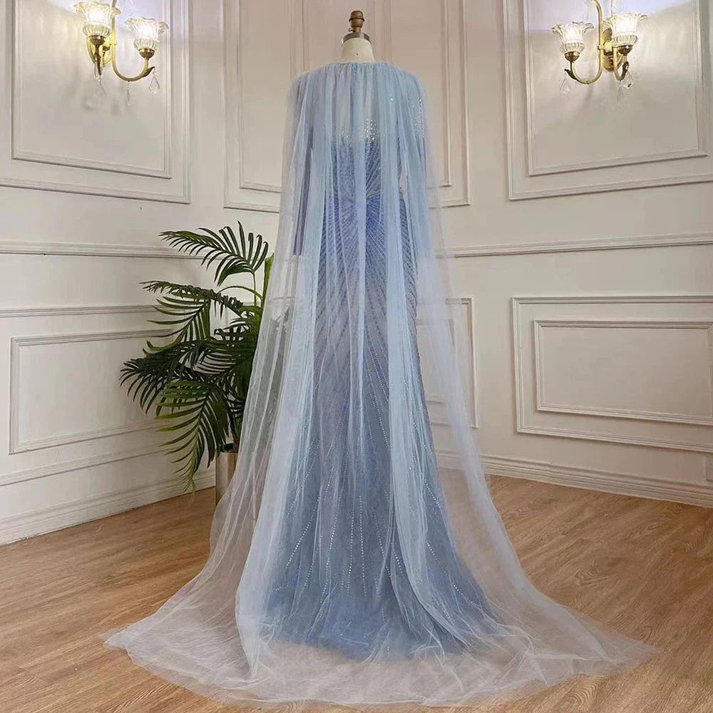 Vestidos de noche largos de sirena elegantes de estilo árabe azul 2025 con cuentas de lujo para mujer, ideales para fiestas LA71846 