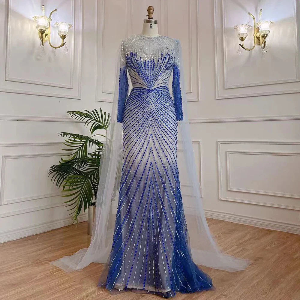 Vestidos de noche largos de sirena elegantes de estilo árabe azul 2025 con cuentas de lujo para mujer, ideales para fiestas LA71846 