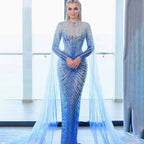 Vestidos de noche largos de sirena elegantes de estilo árabe azul 2025 con cuentas de lujo para mujer, ideales para fiestas LA71846 