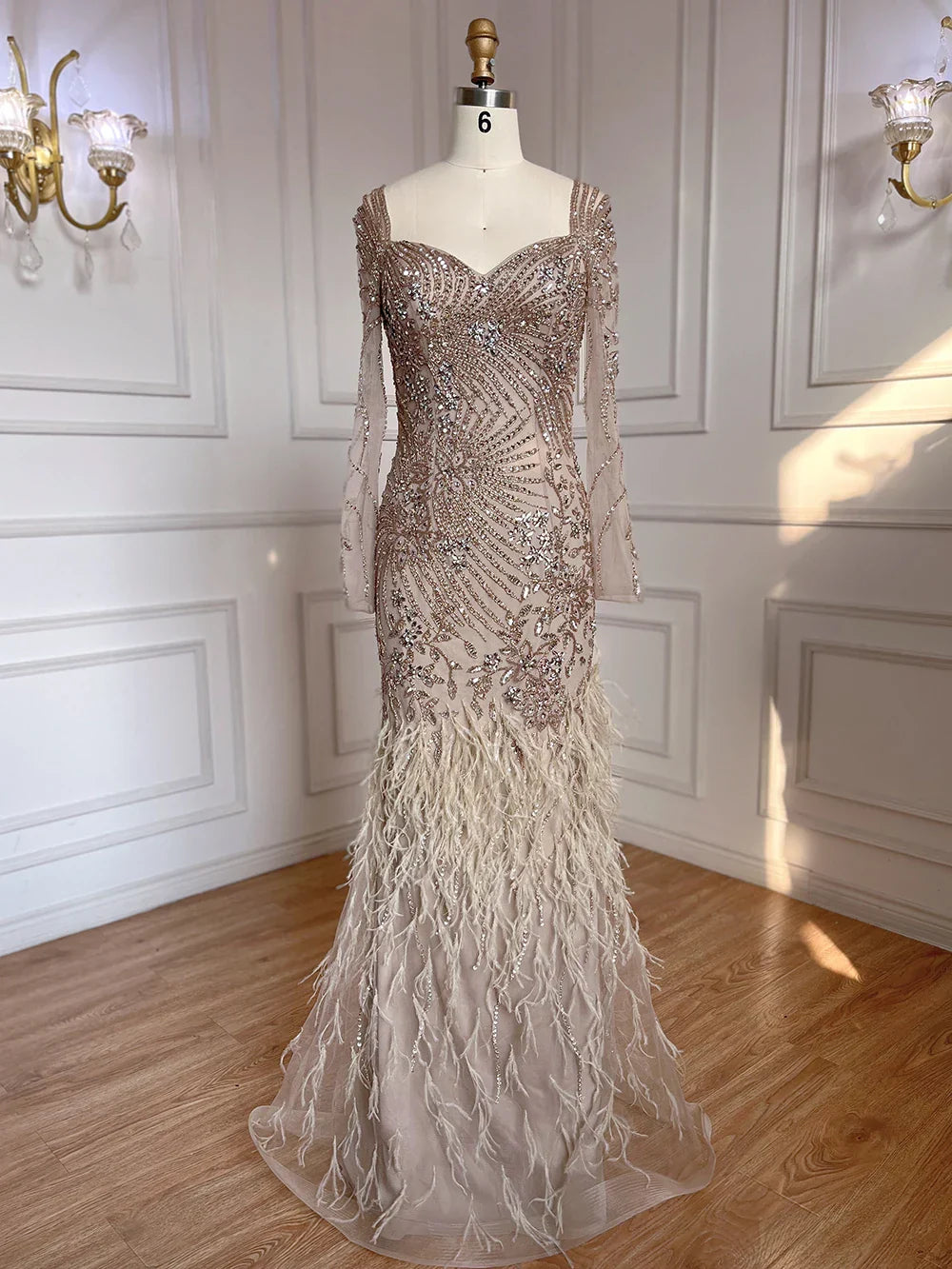 Vestidos de noche elegantes de sirena azul árabe con plumas y cuentas para mujer, ideales para fiestas 2025 LA71818 