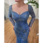 Vestidos de noche elegantes de sirena azul árabe con plumas y cuentas para mujer, ideales para fiestas 2025 LA71818 