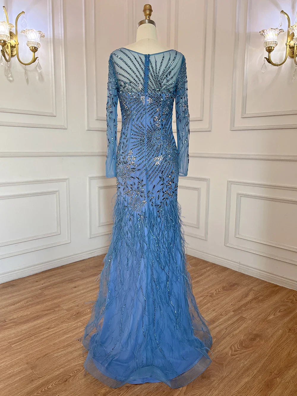 Vestidos de noche elegantes de sirena azul árabe con plumas y cuentas para mujer, ideales para fiestas 2025 LA71818 