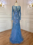 Vestidos de noche elegantes de sirena azul árabe con plumas y cuentas para mujer, ideales para fiestas 2025 LA71818 