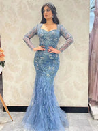 Vestidos de noche elegantes de sirena azul árabe con plumas y cuentas para mujer, ideales para fiestas 2025 LA71818 