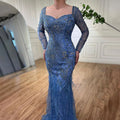 Vestidos de noche elegantes de sirena azul árabe con plumas y cuentas para mujer, ideales para fiestas 2025 LA71818 