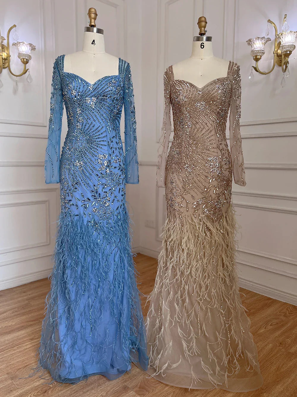 Vestidos de noche elegantes de sirena azul árabe con plumas y cuentas para mujer, ideales para fiestas 2025 LA71818 