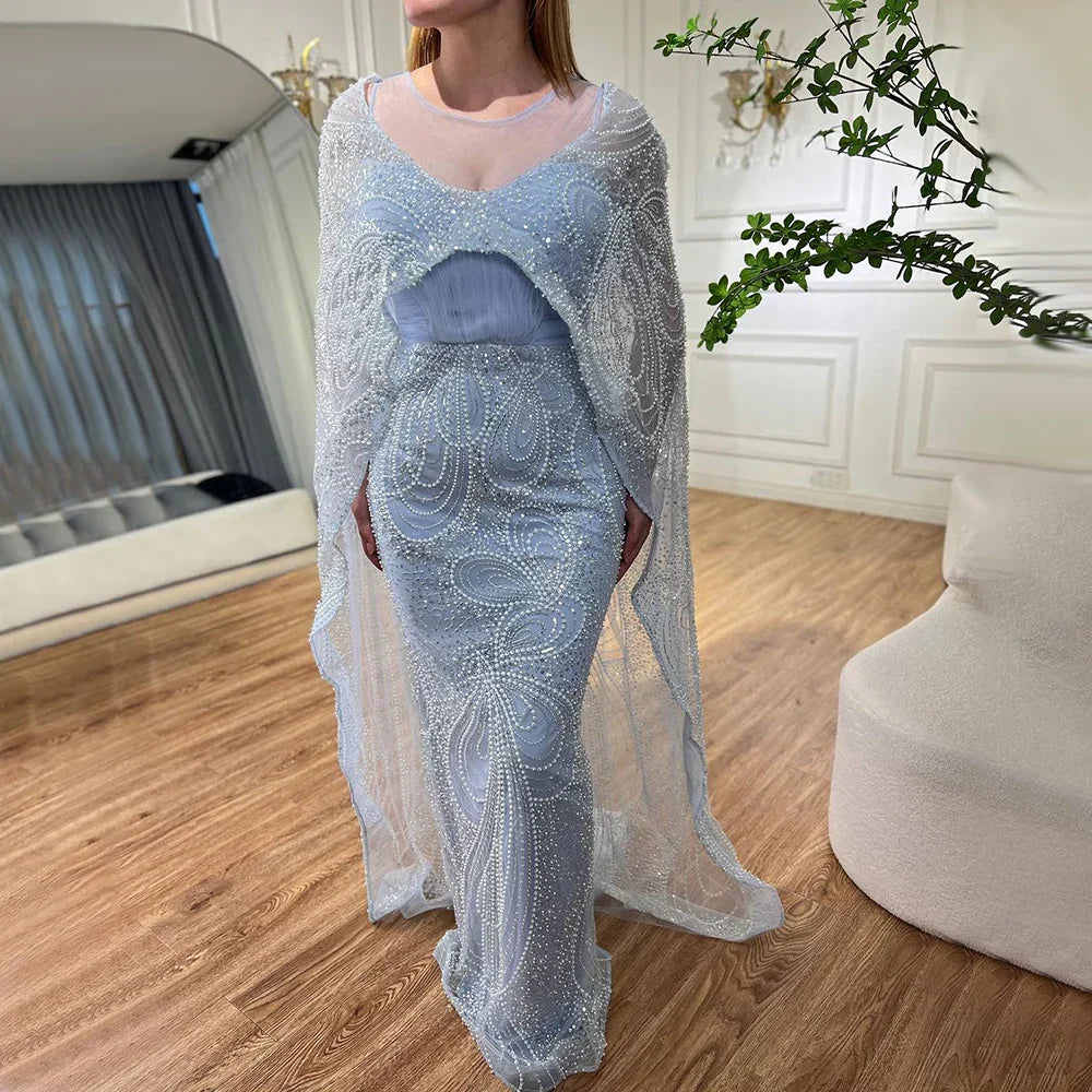 Vestido de noche de lujo con capa larga y elegante estilo sirena azul árabe, con cuentas, ideal para bodas y fiestas (2025) LA72235 