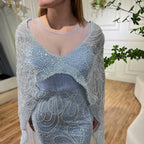 Vestido de noche de lujo con capa larga y elegante estilo sirena azul árabe, con cuentas, ideal para bodas y fiestas (2025) LA72235 