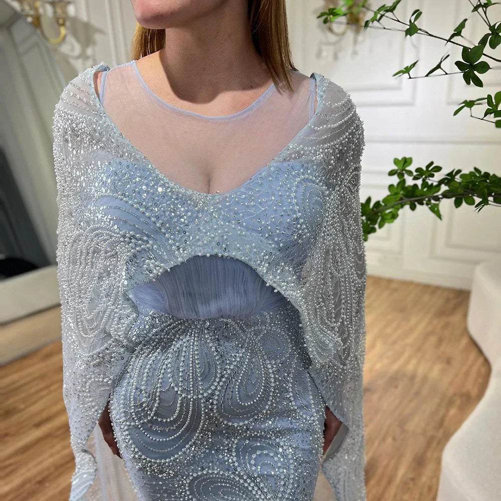 Vestido de noche de lujo con capa larga y elegante estilo sirena azul árabe, con cuentas, ideal para bodas y fiestas (2025) LA72235 