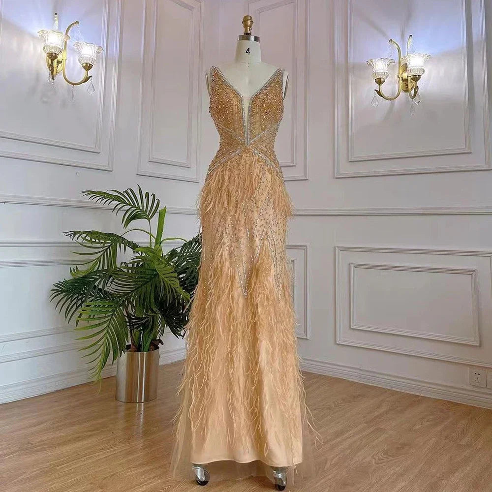 Vestido de noche elegante estilo sirena azul árabe con capa, lujoso, con cuentas y plumas, estilo Dubái, para mujer, ideal para fiestas (LA71583B). 