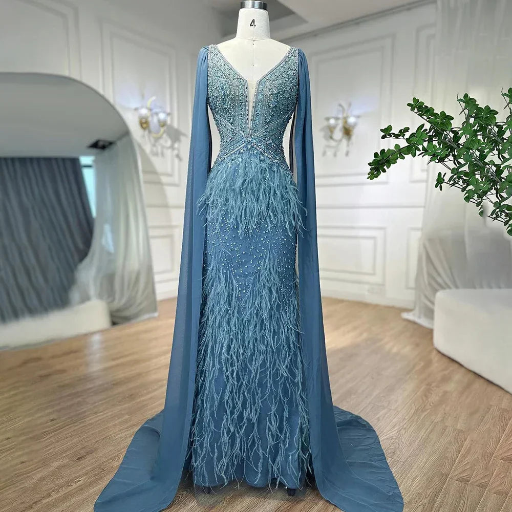 Vestido de noche elegante estilo sirena azul árabe con capa, lujoso, con cuentas y plumas, estilo Dubái, para mujer, ideal para fiestas (LA71583B). 