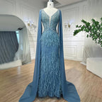 Vestido de noche elegante estilo sirena azul árabe con capa, lujoso, con cuentas y plumas, estilo Dubái, para mujer, ideal para fiestas (LA71583B). 