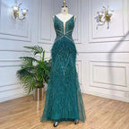 Vestido de noche elegante estilo sirena azul árabe con capa, lujoso, con cuentas y plumas, estilo Dubái, para mujer, ideal para fiestas (LA71583B). 