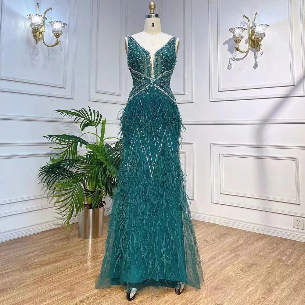 Vestido de noche elegante estilo sirena azul árabe con capa, lujoso, con cuentas y plumas, estilo Dubái, para mujer, ideal para fiestas (LA71583B). 