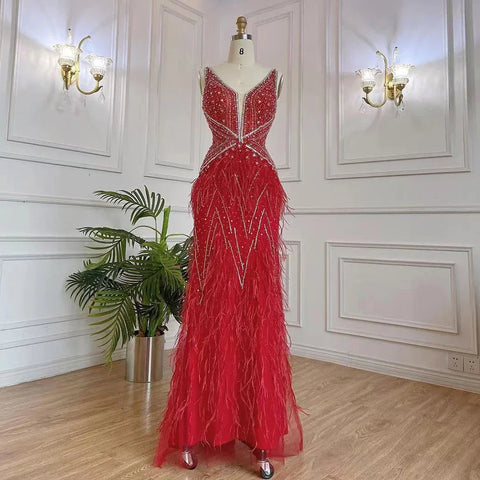 Arabic Blue Mermaid Elegant With Cape Luxury Beaded Feather Dubai Evening Dresses Gowns for Women Party LA71583B