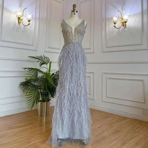 Arabic Blue Mermaid Elegant With Cape Luxury Beaded Feather Dubai Evening Dresses Gowns for Women Party LA71583B