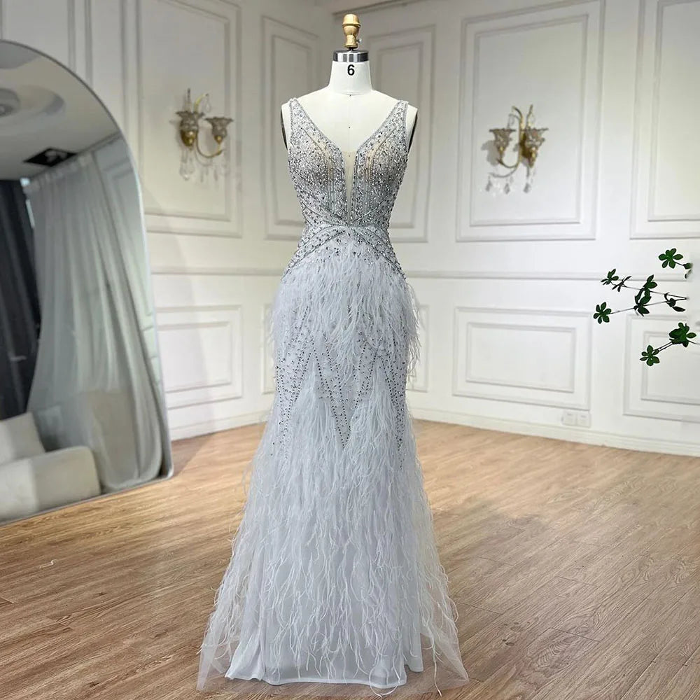 Vestido de noche elegante estilo sirena azul árabe con capa, lujoso, con cuentas y plumas, estilo Dubái, para mujer, ideal para fiestas (LA71583B). 