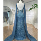 Vestido de noche elegante estilo sirena azul árabe con capa, lujoso, con cuentas y plumas, estilo Dubái, para mujer, ideal para fiestas (LA71583B). 