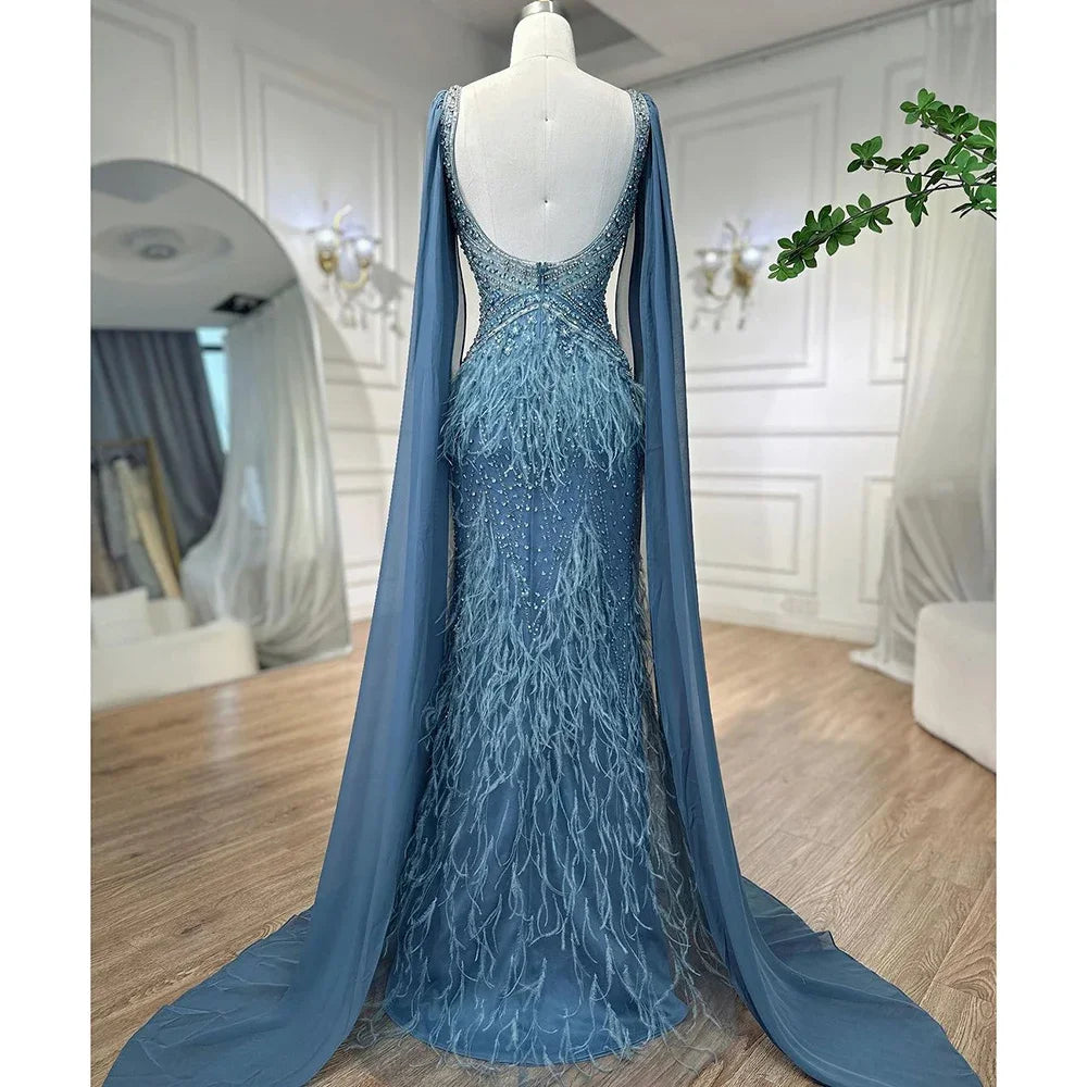 Vestido de noche elegante estilo sirena azul árabe con capa, lujoso, con cuentas y plumas, estilo Dubái, para mujer, ideal para fiestas (LA71583B). 