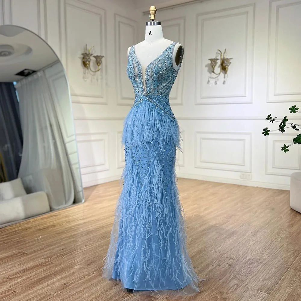 Vestido de noche elegante estilo sirena azul árabe con capa, lujoso, con cuentas y plumas, estilo Dubái, para mujer, ideal para fiestas (LA71583B). 