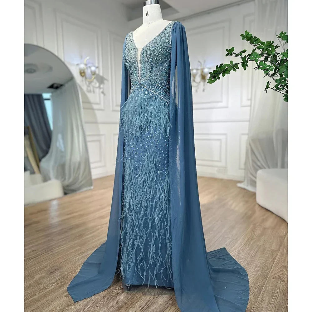 Vestido de noche elegante estilo sirena azul árabe con capa, lujoso, con cuentas y plumas, estilo Dubái, para mujer, ideal para fiestas (LA71583B). 