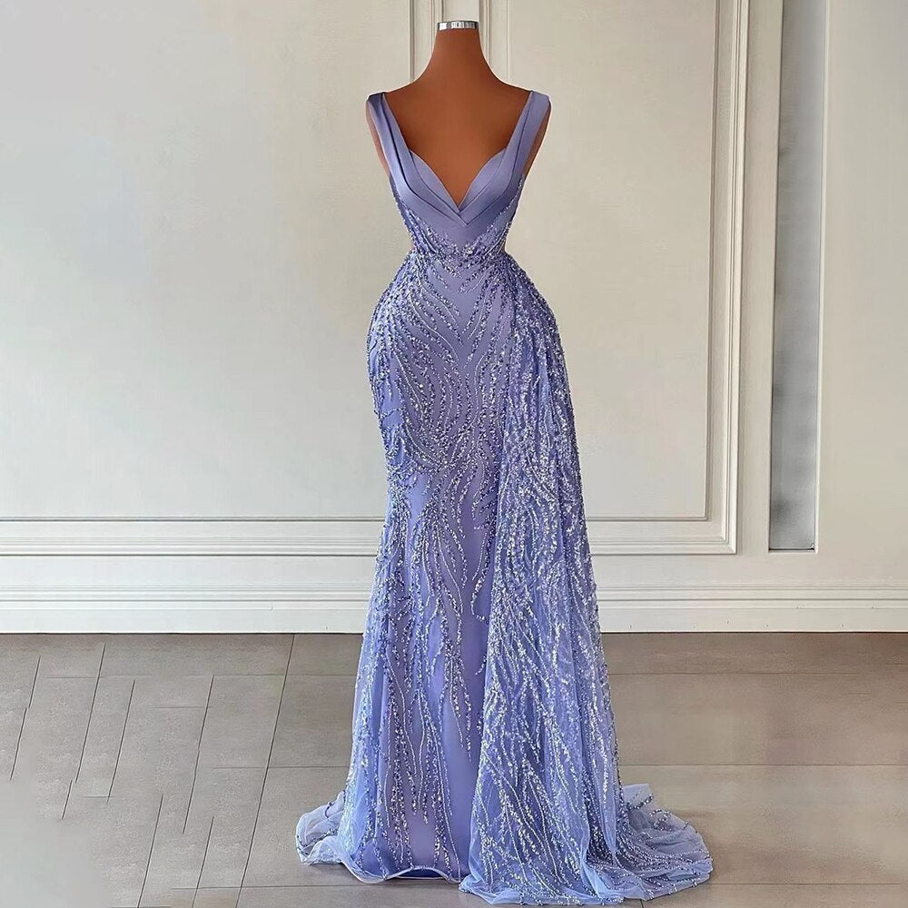 Vestido de noche elegante estilo sirena azul árabe con falda, escote en V profundo y sexy, con cuentas, modelo 2025, para mujer, ideal para fiestas (LA71751)