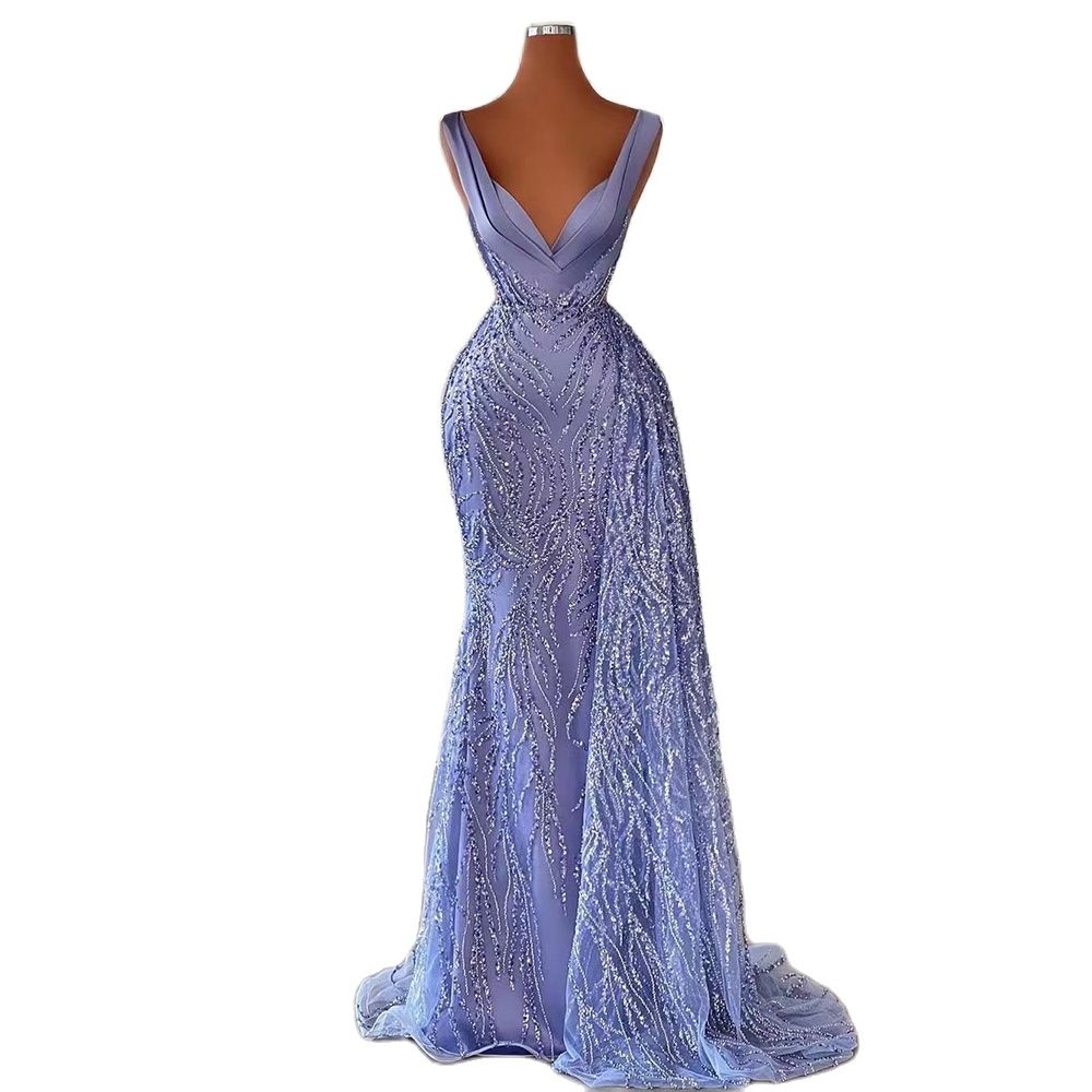 Vestido de noche elegante estilo sirena azul árabe con falda, escote en V profundo y sexy, con cuentas, modelo 2025, para mujer, ideal para fiestas (LA71751)